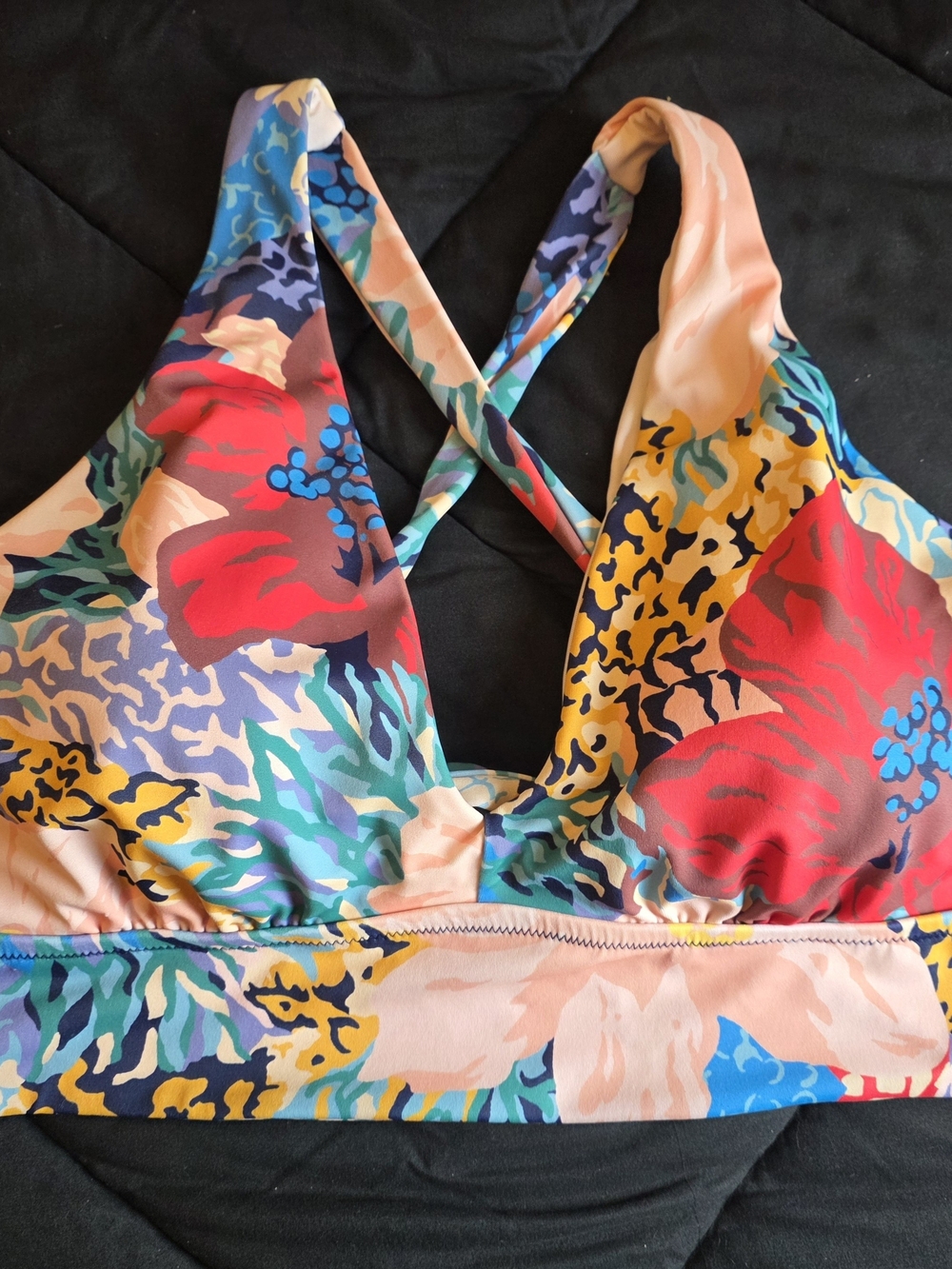 Athleta Printed Longline Plunge Bikini Top - Bora Multi Red Blue - XL
